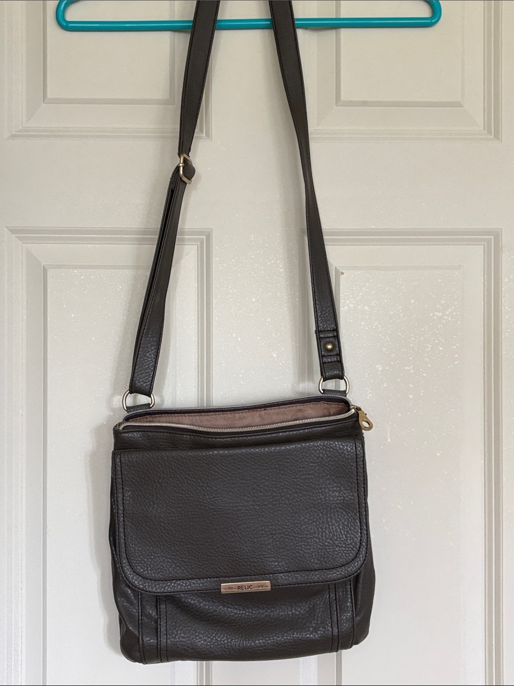 Relic Gray Pebbled Crossbody Bag with Gold Hardware, tan lining